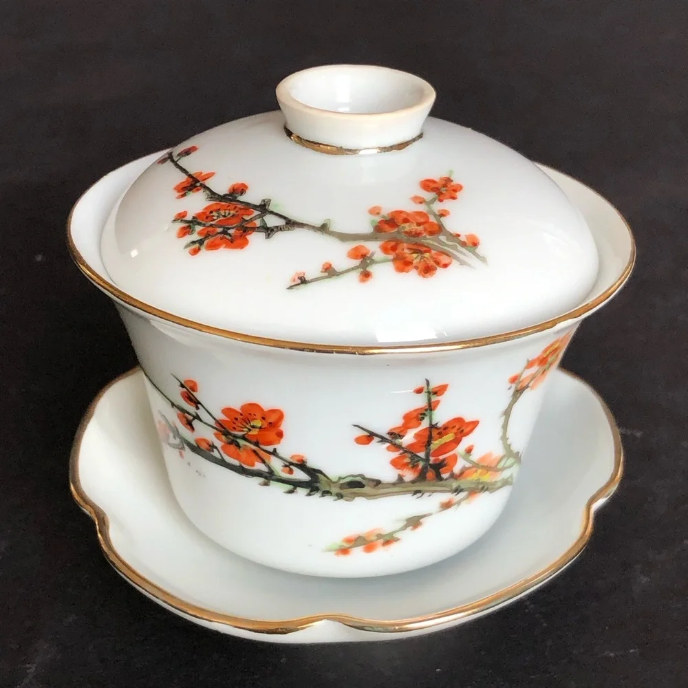 Vintage Gaiwan Tea Set Porcelain w/ Plum Blossom Design Excellent
